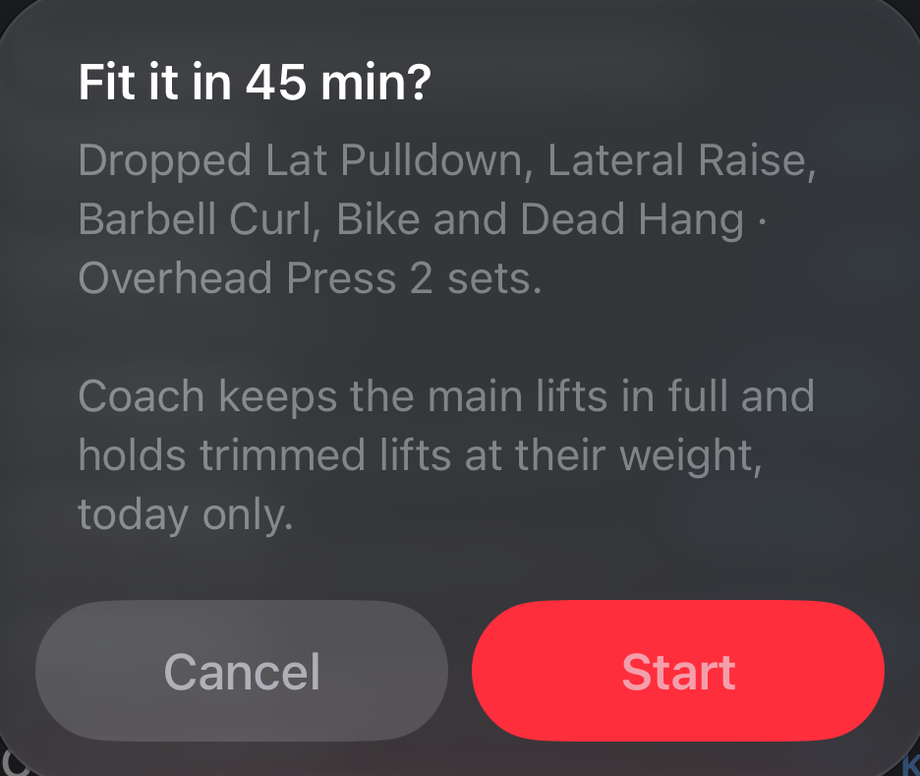 Fit it in 45 min? dialog: accessories trimmed, main lifts kept in full