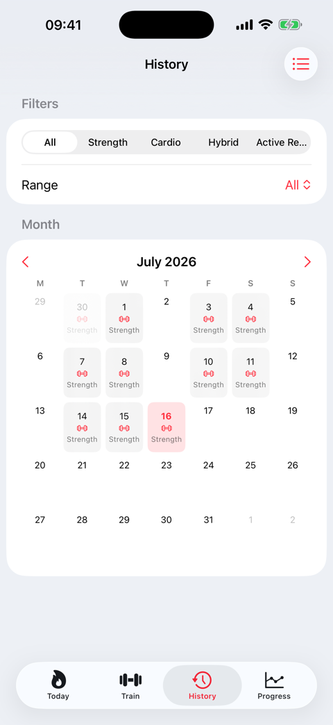 Workout history calendar with trained days marked