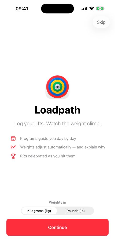 Onboarding screen with kilograms or pounds choice