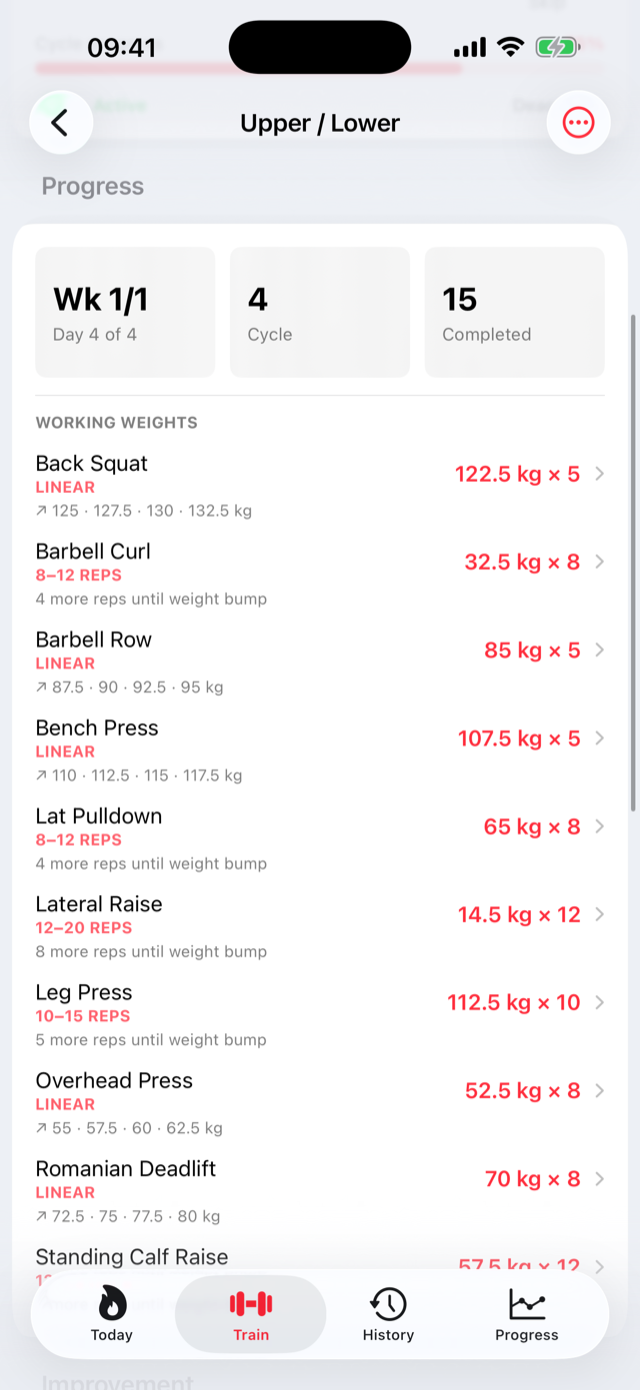 Program progress screen showing working weights and upcoming loads per lift