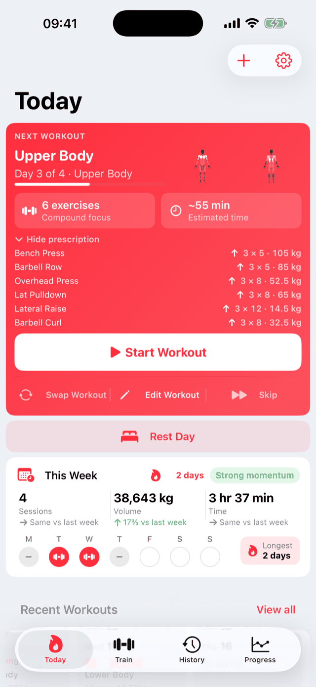 Loadpath Today screen showing the next planned workout with exercises, weights, and weekly stats